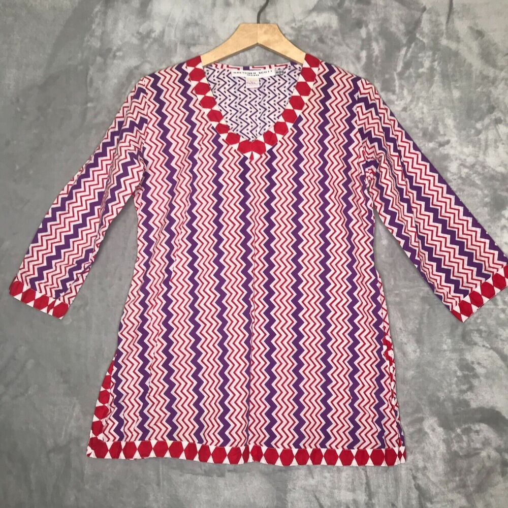 Gretchen Scott Designs Tunic Top Womens Small Red Purple Chevron Print V Neck